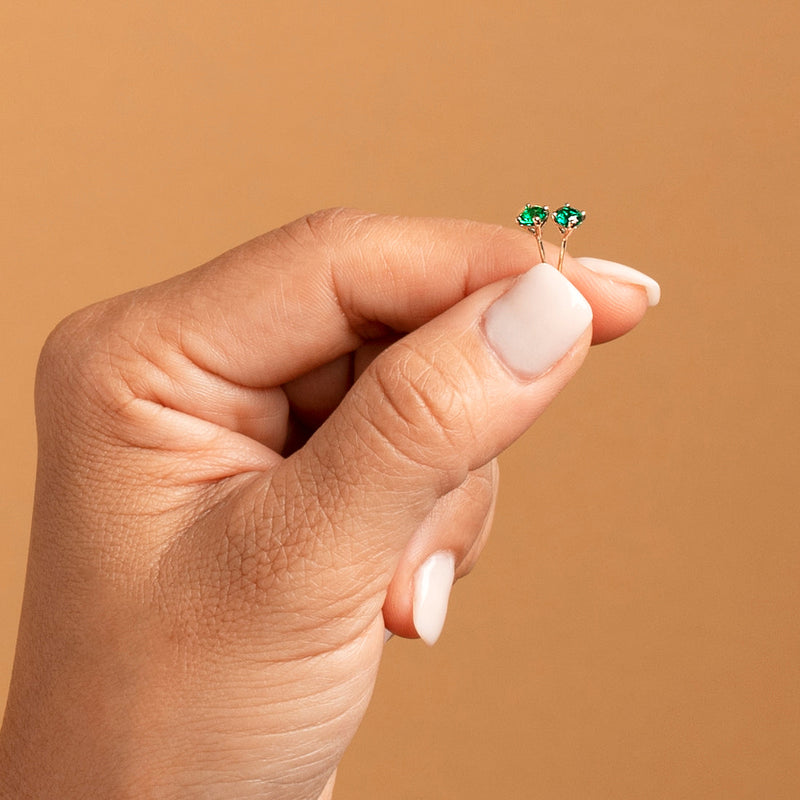 4mm Round Created Emerald Solitaire Stud Earrings in 14K White Gold