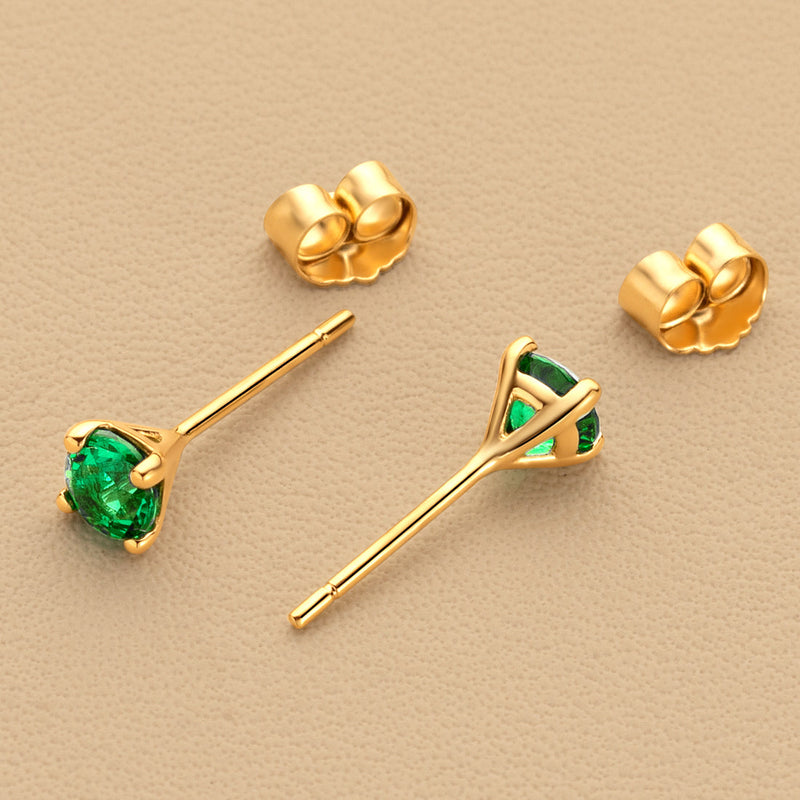 4mm Round Created Emerald Solitaire Stud Earrings in 14K Yellow Gold