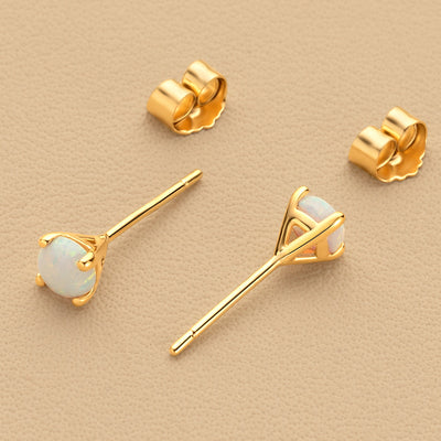 4mm Round Created White Fire Opal Solitaire Stud Earrings in 14K Yellow Gold