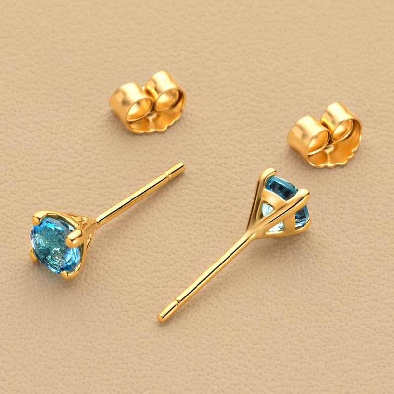 4mm Round Swiss Blue Topaz Solitaire Stud Earrings in 14K Yellow Gold