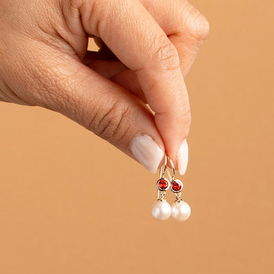 8mm Freshwater Cultured White Pearl and Garnet Earrings in 14K Yellow Gold