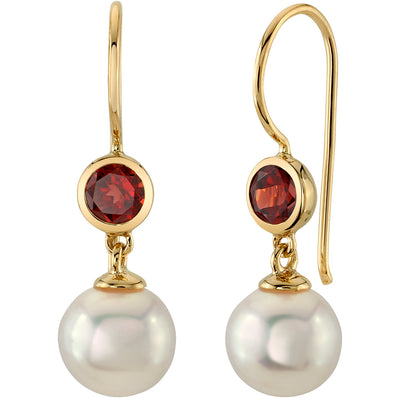 8mm Freshwater Cultured White Pearl and Garnet Earrings in 14K Yellow Gold