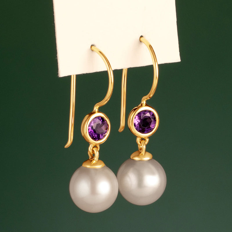 8mm Freshwater Cultured White Pearl and Amethyst Earrings in 14K Yellow Gold