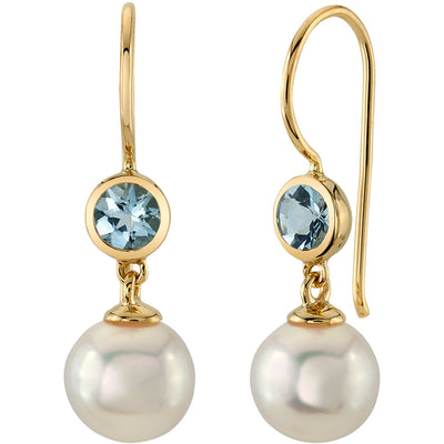 8mm Freshwater Cultured White Pearl and Aquamarine Earrings in 14K Yellow Gold