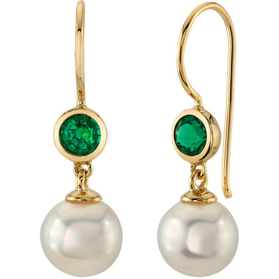 8mm Freshwater Cultured White Pearl and Created Emerald Earrings in 14K Yellow Gold