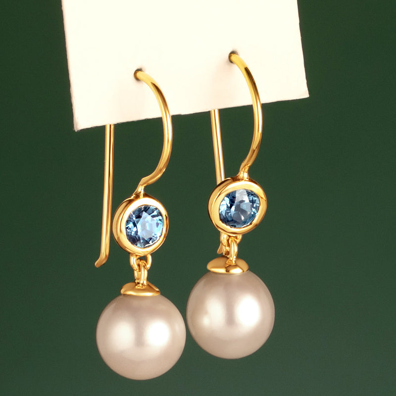 8mm Freshwater Cultured White Pearl and Created Alexandrite Earrings in 14K Yellow Gold