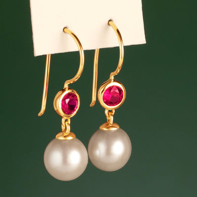 8mm Freshwater Cultured White Pearl and Created Ruby Earrings in 14K Yellow Gold