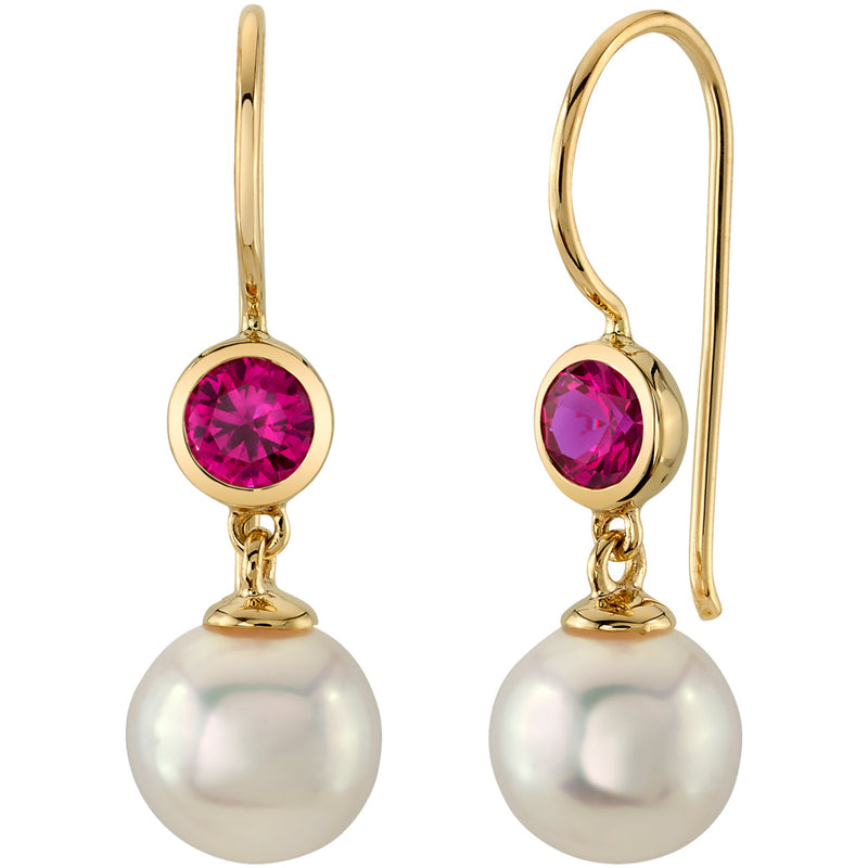 8mm Freshwater Cultured White Pearl and Created Ruby Earrings in 14K Yellow Gold