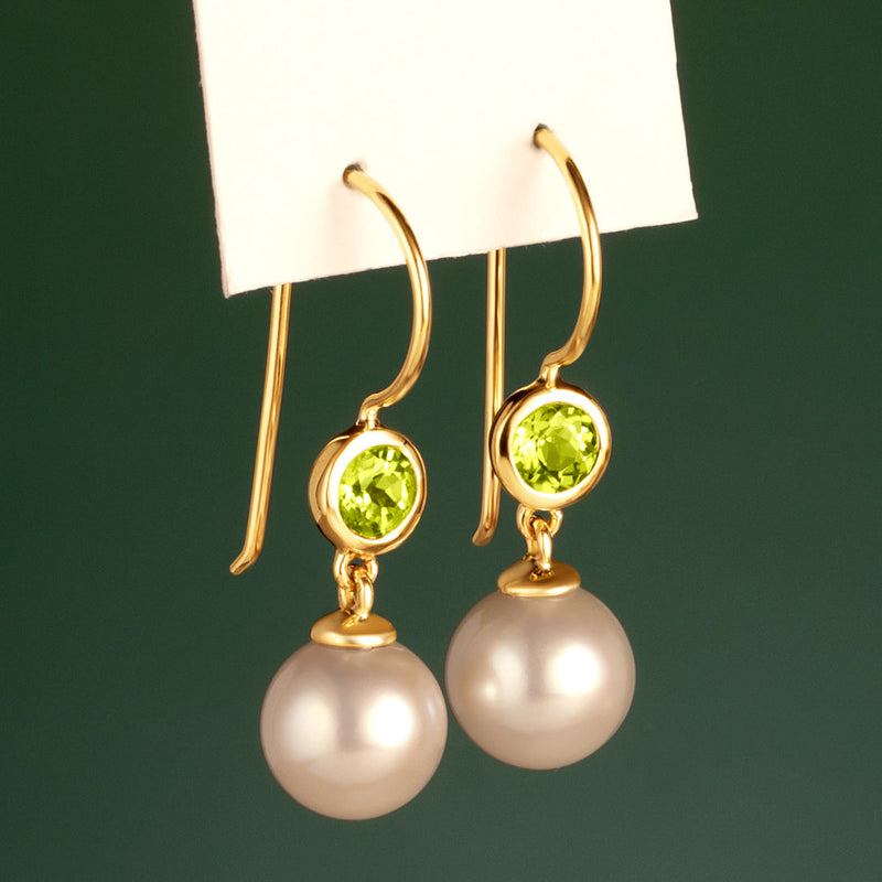 8mm Freshwater Cultured White Pearl and Peridot Earrings in 14K Yellow Gold