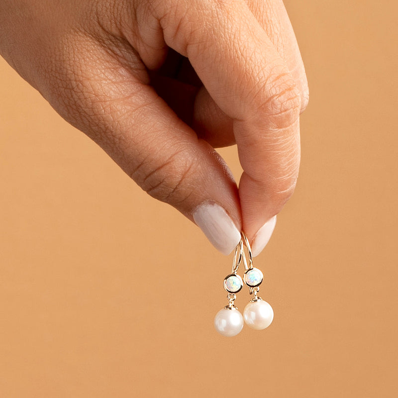 8mm Freshwater Cultured White Pearl and Created White Fire Opal Earrings in 14K Yellow Gold