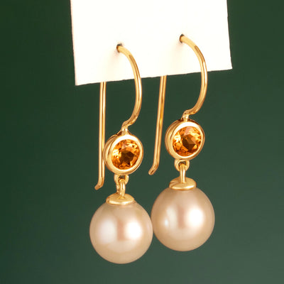 8mm Freshwater Cultured White Pearl and Citrine Earrings in 14K Yellow Gold