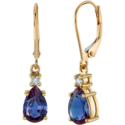 Created Alexandrite and Diamond Teardrop Leverback Earrings in 14k Yellow Gold