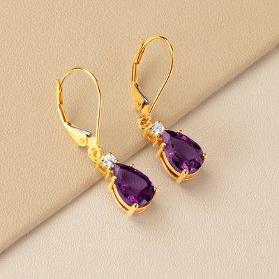 Natural Amethyst and Diamond Teardrop Leverback Earrings in 14k Yellow Gold