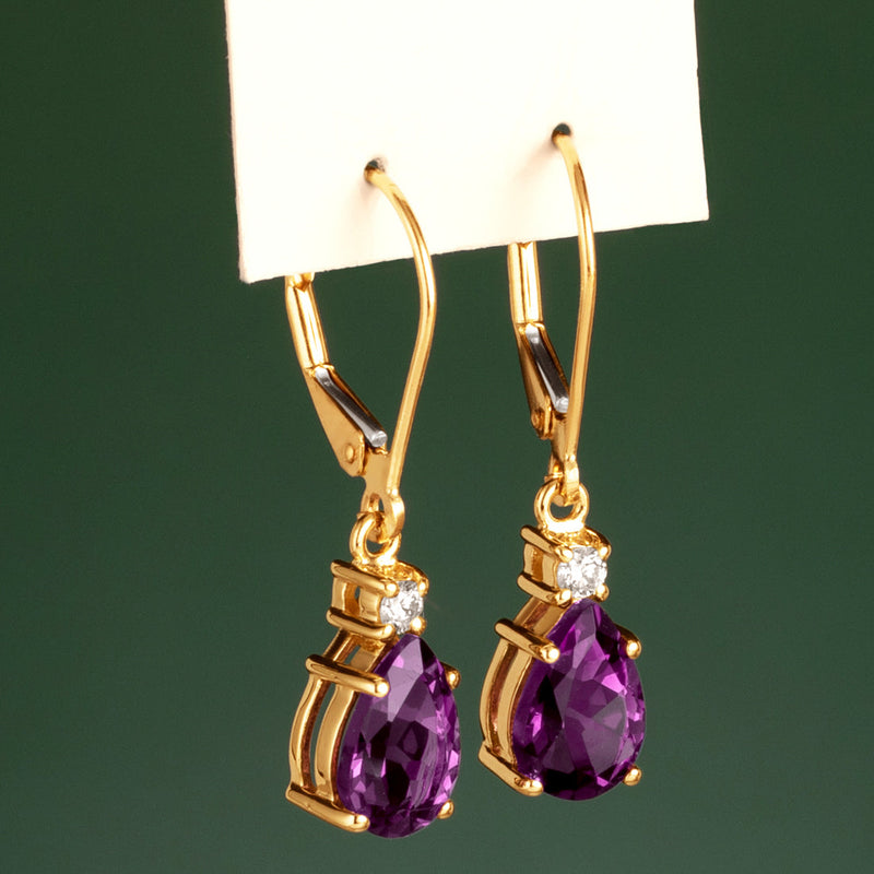 Natural Amethyst and Diamond Teardrop Leverback Earrings in 14k Yellow Gold