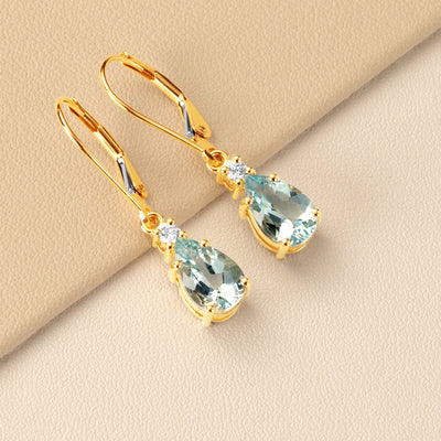 Natural Aquamarine and Diamond Teardrop Leverback Earrings in 14k Yellow Gold