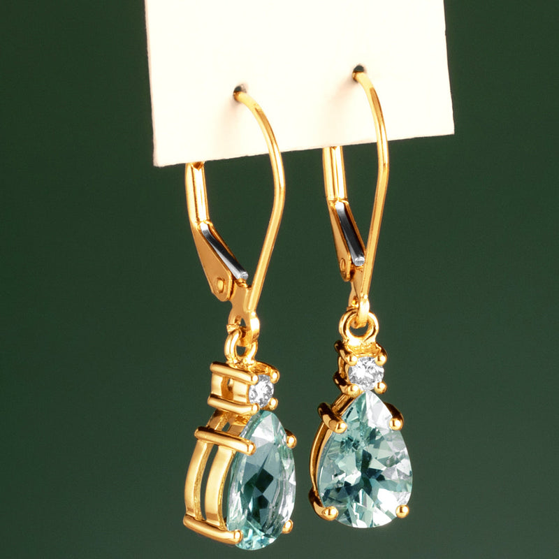 Natural Aquamarine and Diamond Teardrop Leverback Earrings in 14k Yellow Gold