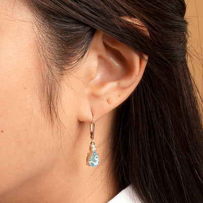 Natural Aquamarine and Diamond Teardrop Leverback Earrings in 14k Yellow Gold