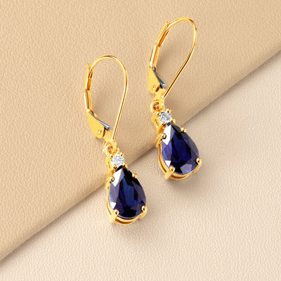 Created Blue Sapphire and Diamond Teardrop Leverback Earrings in 14k Yellow Gold