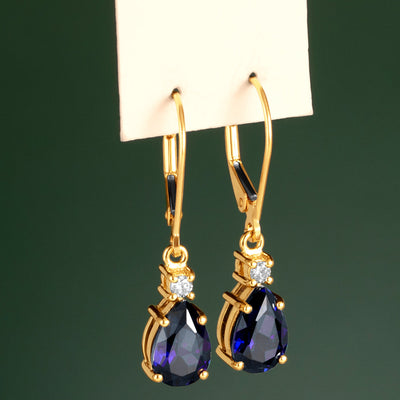 Created Blue Sapphire and Diamond Teardrop Leverback Earrings in 14k Yellow Gold