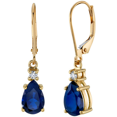 Created Blue Sapphire and Diamond Teardrop Leverback Earrings in 14k Yellow Gold