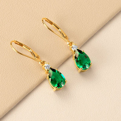 Created Emerald and Diamond Teardrop Leverback Earrings in 14k Yellow Gold