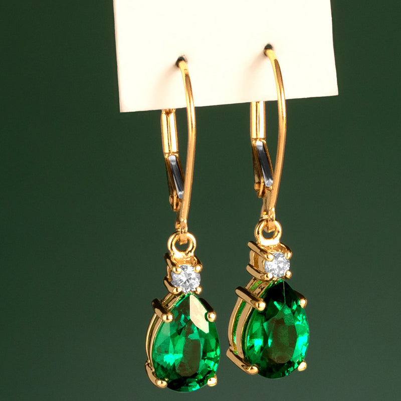 Created Emerald and Diamond Teardrop Leverback Earrings in 14k Yellow Gold