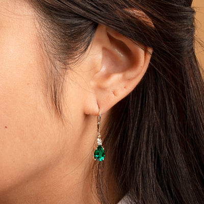 Created Emerald and Diamond Teardrop Leverback Earrings in 14k Yellow Gold