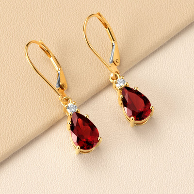 Natural Garnet and Diamond Teardrop Leverback Earrings in 14k Yellow Gold