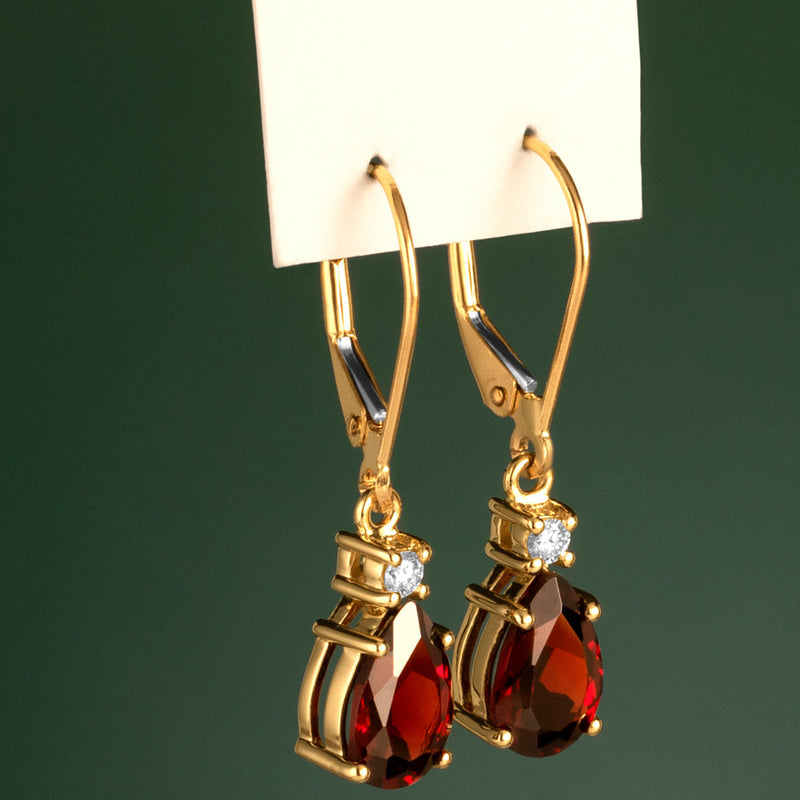 Natural Garnet and Diamond Teardrop Leverback Earrings in 14k Yellow Gold