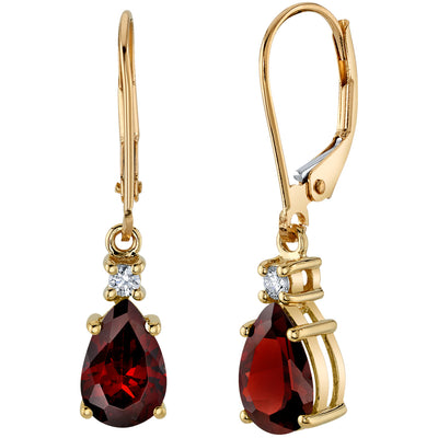 Natural Garnet and Diamond Teardrop Leverback Earrings in 14k Yellow Gold