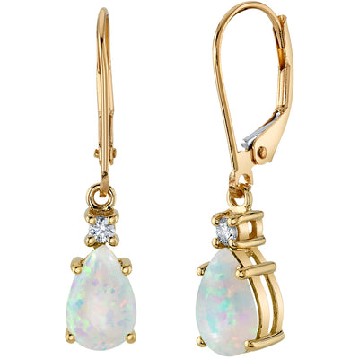 Created White Fire Opal and Diamond Teardrop Leverback Earrings in 14k Yellow Gold