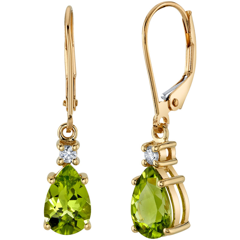 Natural Peridot and Diamond Teardrop Leverback Earrings in 14k Yellow Gold