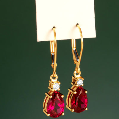 Created Ruby and Diamond Teardrop Leverback Earrings in 14k Yellow Gold