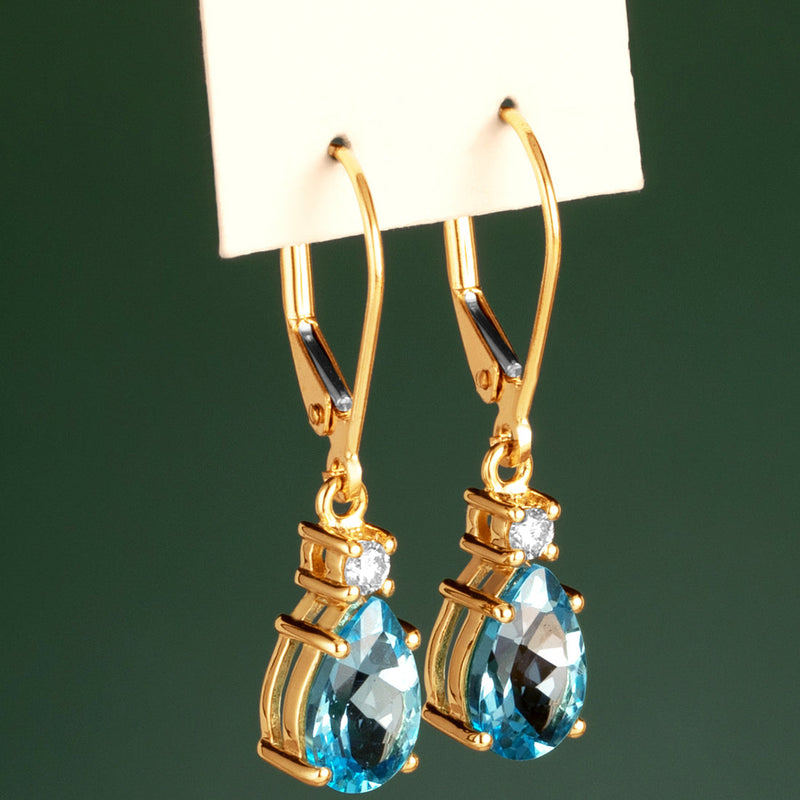 Natural Swiss Blue Topaz and Diamond Teardrop Leverback Earrings in 14k Yellow Gold