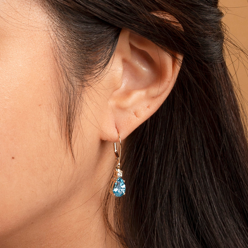 Natural Swiss Blue Topaz and Diamond Teardrop Leverback Earrings in 14k Yellow Gold