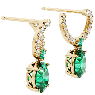 Colombian Emerald and Diamond Open Hoop Drop Earrings 14K Yellow Gold 2.50 Carats Oval Shape