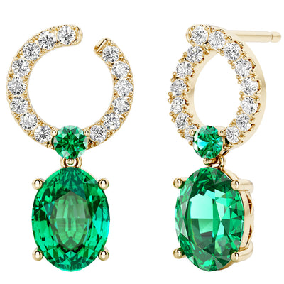 Colombian Emerald and Diamond Open Hoop Drop Earrings 14K Yellow Gold 2.50 Carats Oval Shape