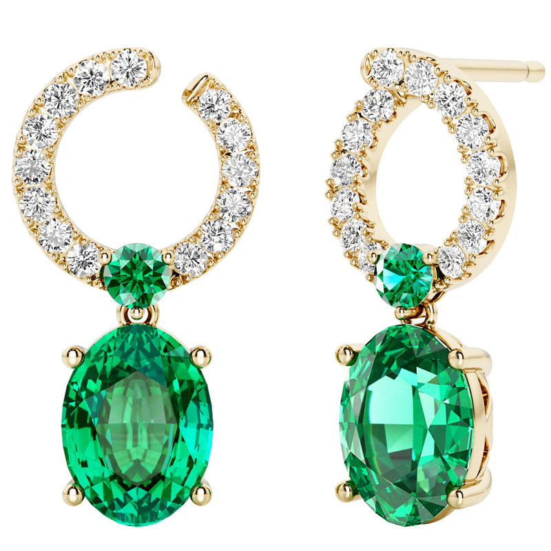 Colombian Emerald and Diamond Open Hoop Drop Earrings 14K Yellow Gold 2.50 Carats Oval Shape