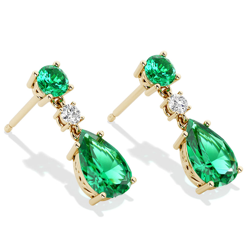 Colombian Emerald and Diamond Teardrop Earrings 14K Yellow Gold 2.50 Carats Pear Shape