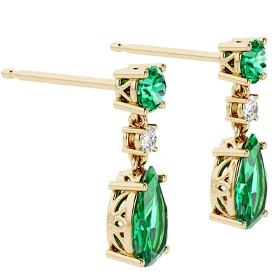 Colombian Emerald and Diamond Teardrop Earrings 14K Yellow Gold 2.50 Carats Pear Shape