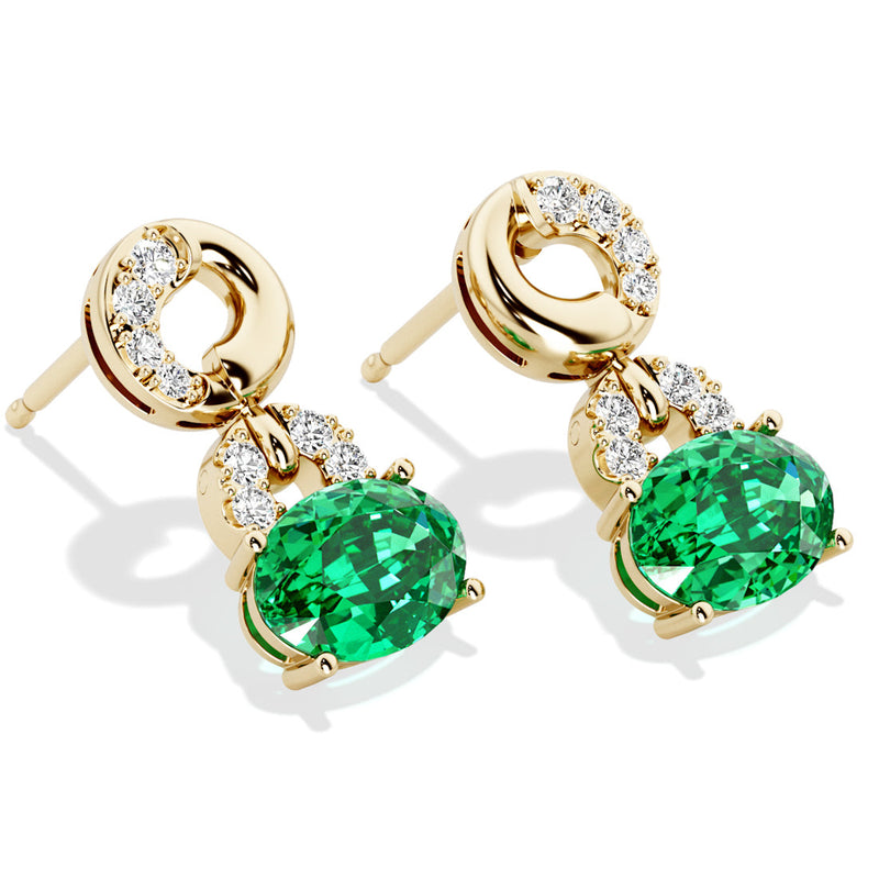 Colombian Emerald and Diamond East West Drop Earrings 14K Yellow Gold 1.50 Carats Oval Shape