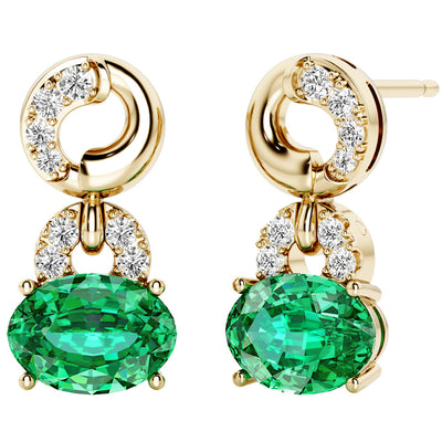 Colombian Emerald and Diamond East West Drop Earrings 14K Yellow Gold 1.50 Carats Oval Shape