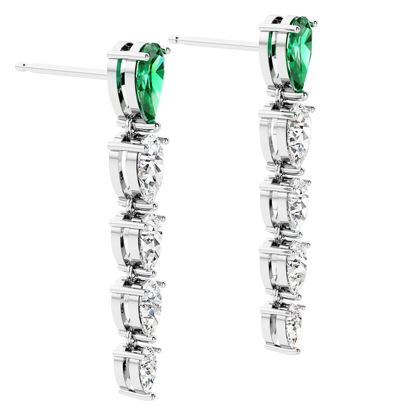 Pear Shape Colombian Emerald & Lab Grown Diamond Line Drop Earrings 14K White Gold 4.65 Carats