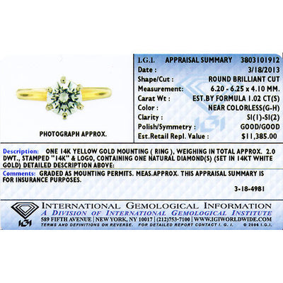 IGI Certified Natual Diamond Solitaire Ring 14K Yellow Gold 1.02 Carats