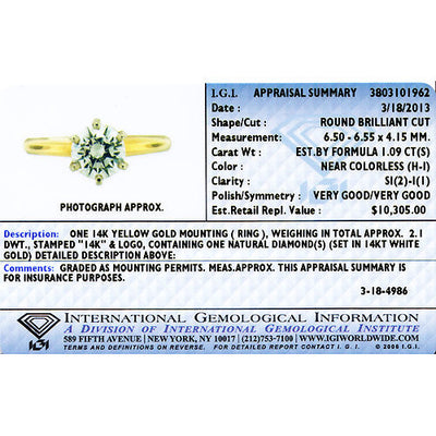 IGI Certified Natural Diamond Solitaire Ring 14K Yellow Gold 1.09 Carats