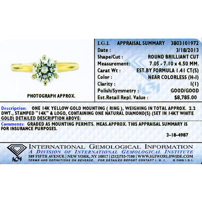 IGI Certified Natural Diamond Solitaire Ring 14K Yellow Gold 1.41 Carats