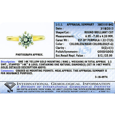 IGI Certified Natural Diamond Solitaire Ring 14K Yellow Gold 1.22 Carats