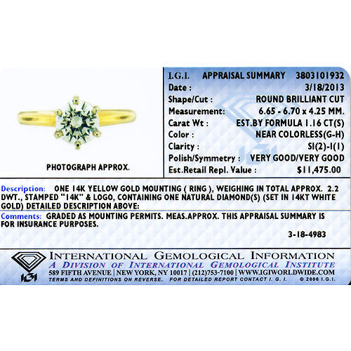 IGI Certified Natural Diamond Solitaire Ring 14K Yellow Gold 1.16 Carats