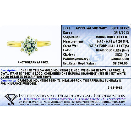 IGI Certified Natural Diamond Solitaire Ring 14K Yellow Gold 1.12 Carats