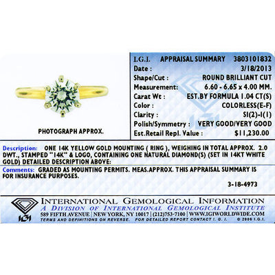 IGI Certified Natural Diamond Solitaire Ring 14K Yellow Gold 1.04 Carats